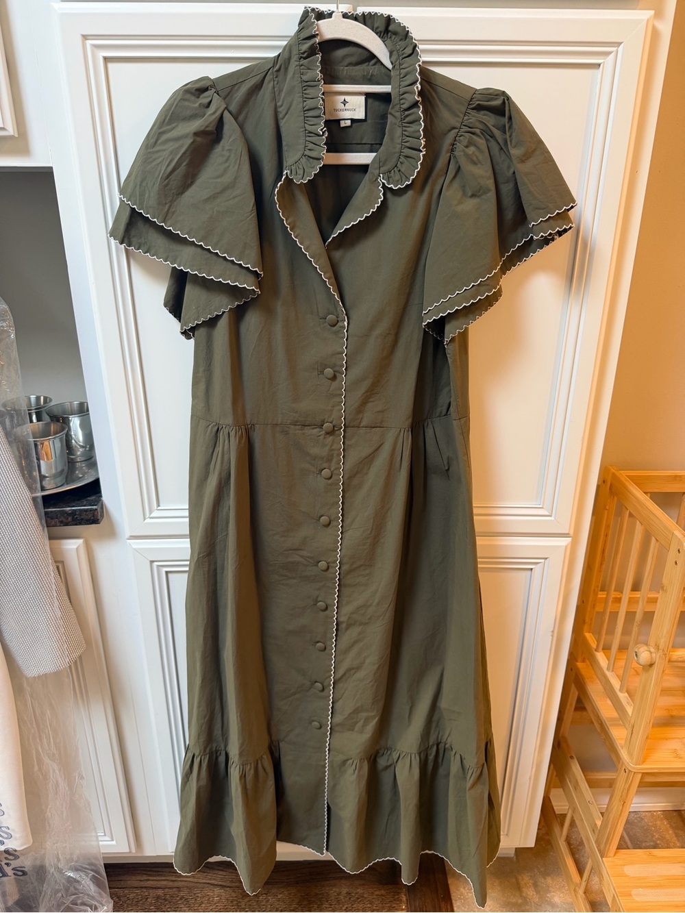 Tuckernuck Alice Midi Dress Olive Green Ruffle-Trim